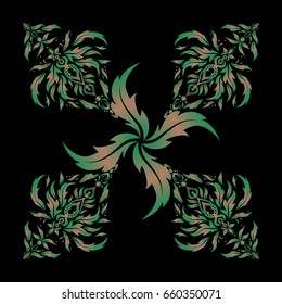 Orient textile print for bed linen, jacket, package design, fabric or fashion concepts. Vector green and beige grid seamless pattern with abstract elements on a black background.