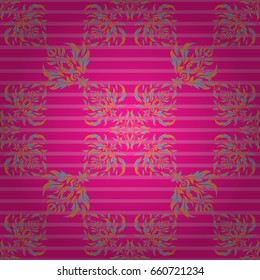 Orient textile print for bed linen, jacket, package design, printing, fabric or fashion concepts. Vector orange, magenta and blue grid seamless pattern with abstract elements.