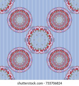 Orient textile print for bed linen, jacket, package design, printing, fabric or fashion concepts. Vector blue and beige grid seamless pattern with abstract elements.