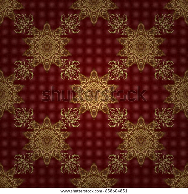 Orient textile\
print for bed linen, jacket, package design, fabric and fashion\
concepts. Vector golden grid seamless pattern with abstract flowers\
and stars on a red\
background.