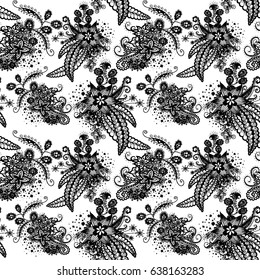 Orient Wallpaper Pattern. Seamless Zentangle for Calico, Textile, Wrapping Paper. Hand Drawn Floral Motives Traced to Vector. Black Outline Pattern on White Background