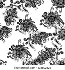 Orient Wallpaper Pattern. Seamless Zentangle for Calico, Textile, Wrapping Paper. Hand Drawn Floral Motives Traced to Vector. Black Outline Pattern on White Background