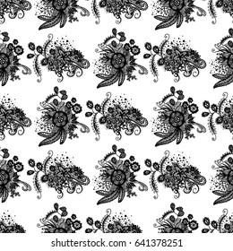 Orient Wallpaper Pattern. Seamless Zentangle for Calico, Textile, Wrapping Paper. Hand Drawn Floral Motives Traced to Vector. Black Outline Pattern on White Background