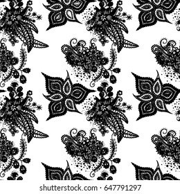 Orient Wallpaper Pattern. Seamless Zentangle for Calico, Textile, Wrapping Paper. Hand Drawn Floral Motives Traced to Vector. Black Outline Pattern on White Background
