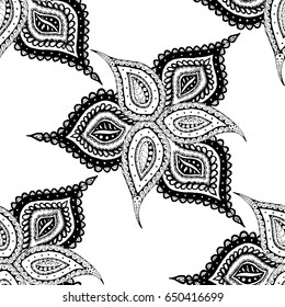 Orient Wallpaper Pattern. Seamless Zentangle for Calico, Textile, Wrapping Paper. Hand Drawn Floral Motives Traced to Vector. Black Outline Pattern on White Background