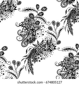 Orient Wallpaper Pattern. Seamless Zentangle for Calico, Textile, Wrapping Paper. Hand Drawn Floral Motives Traced to Vector. Black Outline Pattern on White Background