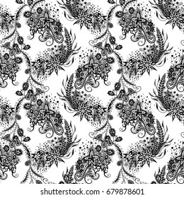 Orient Wallpaper Pattern. Seamless Zentangle for Calico, Textile, Wrapping Paper. Hand Drawn Floral Motives Traced to Vector. Black Outline Pattern on White Background