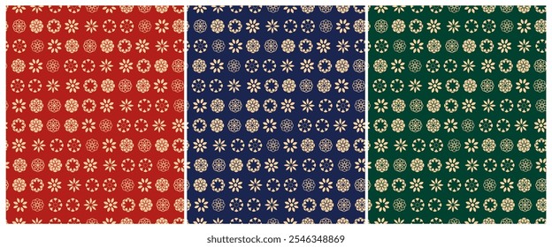 Oriental Abstract FLoral Seamless Vector Pattern. Gold Abstract Floral Motif on a Red, Green and Dark Blue Background. Simple Elegant Asian Repeatable Ornament. Abstract Flowers and Rosettes Print.