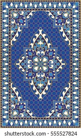 Ornamento abstracto oriental. Planta colorida para alfombras, cubiertas, chales, textiles y cualquier superficie. Patrón azul ornamental con detalles de filigre.