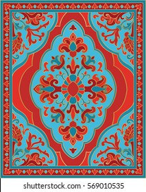 Oriental abstract ornament. Red and turquoise template for carpet, coverlet, shawl, textile and any surface. Ornamental pattern with filigree details.