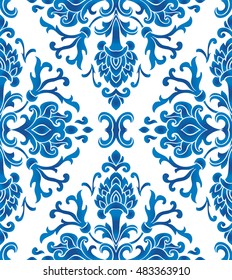 Oriental abstract ornament. Seamless blue floral pattern on a white background.