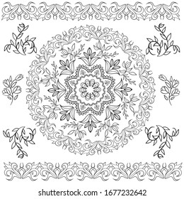 Ornamento abstracto oriental. Plantilla para alfombras, textiles y cualquier superficie. Patrón de vector ornamental con detalles de filigre.fondo mandala, patrón de encaje geométrico cuadrado con marco ornamental, tribal 