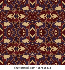 Oriental abstract ornament. Template for carpet, wallpaper, textile and any surface. Red and purple rich pattern.