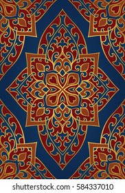 Oriental abstract ornament. Template for carpet, textile and any surface. Seamless vector pattern on a blue background.