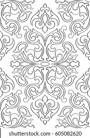 Ornamento abstracto oriental. Plantilla para alfombras, textiles y cualquier superficie. Patrón vectorial de contorno negro sin foco sobre un fondo blanco.