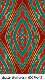 Oriental abstract ornament. Template for carpet, textile and any surface. Seamless colorful pattern on a red background.