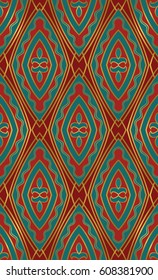 Oriental abstract ornament. Template for carpet, textile and any surface. Seamless colorful pattern on a red background.