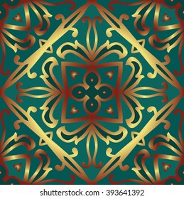 Oriental, abstract ornament. Templates for carpet, textile, wallpaper, tile, mosaic. Seamless vector pattern of copper contour on a emerald background.