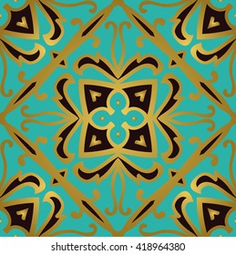 Oriental, abstract ornament. Templates for carpet, textile, wallpaper, tile, mosaic. Seamless vector pattern of gold contour on a turquoise background.