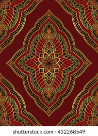 Oriental abstract ornament. Templates for carpet, wallpaper, textile and any surface. Seamless vector pattern of gold contours on a red background.