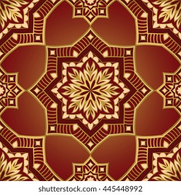 Oriental abstract ornament. Templates for carpet, wallpaper, textile and any surface. Seamless vector pattern of gold contours on a red background.