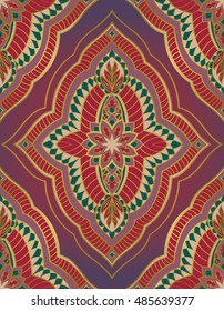 Oriental abstract ornament. Templates for carpet, wallpaper, textile and any surface. Seamless vector pattern of gold contours on a purple background.
