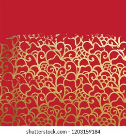 Oriental ancient abstract flowers pattern grungy real golden paint metallic foil on lucky red floral origami paper vintage old scratched gold ink or glitter background Chinese new year.
