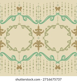 Oriental Ancient Art Delicate Royal Silk Weaves Embroidery Art Work Illustration. Golden Green Ornament Scroll and Geometric Seamless Border Pattern for All Decoration, Wallpaper, Interior, Invitation