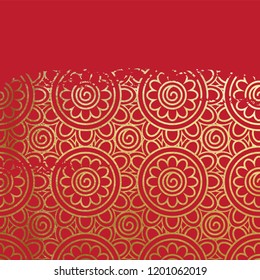 Oriental ancient geometric flowers pattern grungy real golden paint metallic foil on lucky red floral origami paper vintage old scratched gold ink or glitter background Chinese new year.