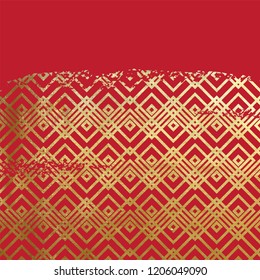 Oriental ancient geometric pattern grungy real golden paint metallic foil ornament on lucky red paper vintage old scratched gold ink or glitter background Chinese new year.
