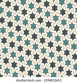 Oriental ancient mosaic pattern. Ethnic ornament. Repeated geometric figures, stars motif. Seamless surface design. Ornamental wallpaper. Geo abstract background. Digital paper, textile print. Vector