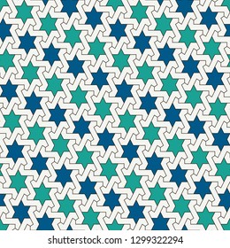 Oriental ancient mosaic pattern. Ethnic ornament. Repeated geometric figures, stars motif. Seamless surface design. Ornamental wallpaper. Geo abstract background. Digital paper, textile print. Vector