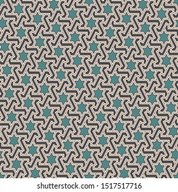 Oriental ancient mosaic pattern. Ethnic ornament. Repeated geometric figures, stars motif. Seamless surface design. Ornamental wallpaper. Geo abstract background. Digital paper, textile print. Vector.