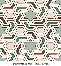 Oriental ancient mosaic seamless pattern. Ethnic ornament. Repeated geometric figures, hexagons, stars motif surface print. Ornamental wallpaper. Geo design digital paper. Vector abstract background