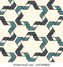 Oriental ancient mosaic seamless pattern. Ethnic ornament. Repeated geometric figures, hexagons, stars motif surface print. Ornamental wallpaper. Geo design digital paper. Vector abstract background