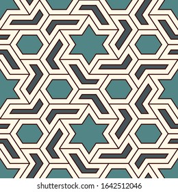 Oriental ancient mosaic seamless pattern. Ethnic ornament. Repeated geometric figures, hexagons, stars motif surface print. Ornamental wallpaper. Geo design digital paper. Vector abstract background