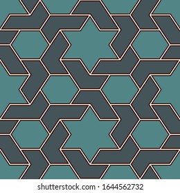 Oriental ancient mosaic seamless pattern. Ethnic ornament. Repeated geometric figures, hexagons, stars motif surface print. Ornamental wallpaper. Geo design digital paper. Vector abstract background