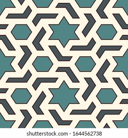 Oriental ancient mosaic seamless pattern. Ethnic ornament. Repeated geometric figures, hexagons, stars motif surface print. Ornamental wallpaper. Geo design digital paper. Vector abstract background