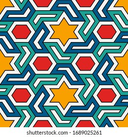 Orientales uraltes Mosaik nahtloses Muster. Arabesque-Ornament. Wiederholte geometrische Figuren, sechseckig, Sternmotiv-Oberflächendruck. Ziertapete. Geo Design Digitalpapier. abstrakter Hintergrund der Vektorillustration