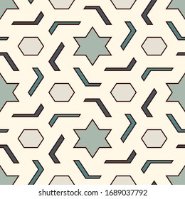 Oriental ancient mosaic seamless pattern. Arabesque ornament. Repeated geometric figures, hexagon, star motif surface print. Ornamental wallpaper. Geo design digital paper. Vector abstract background