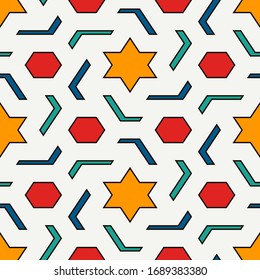 Oriental ancient mosaic seamless pattern. Arabesque ornament. Repeated geometric figures, hexagon, star motif surface print. Ornamental wallpaper. Geo design digital paper. Vector abstract background