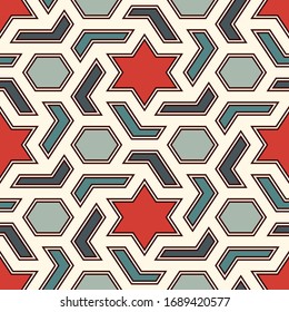 Oriental ancient mosaic seamless pattern. Arabesque ornament. Repeated geometric figures, hexagon, star motif surface print. Ornamental wallpaper. Geo design digital paper. Vector abstract background