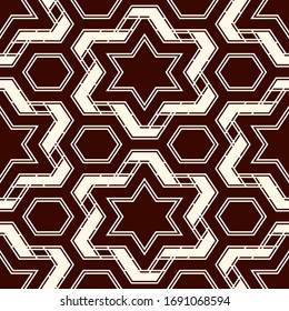 Oriental ancient mosaic seamless pattern. Arabesque ornament. Repeated geometric figures, hexagon, star motif surface print. Ornamental wallpaper. Geo design digital paper. Vector abstract background
