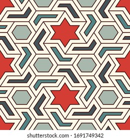 Oriental ancient mosaic seamless pattern. Arabesque ornament. Repeated geometric figures, hexagon, star motif surface print. Ornamental wallpaper. Geo design digital paper. Vector abstract background