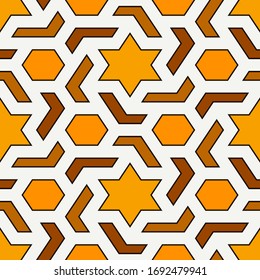 Oriental ancient mosaic seamless pattern. Arabesque ornament. Repeated geometric figures, hexagon, star motif surface print. Ornamental wallpaper. Geo design digital paper. Vector abstract background