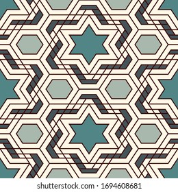 Oriental ancient mosaic seamless pattern. Arabesque ornament. Repeated geometric figures, hexagon, star motif surface print. Ornamental wallpaper. Geo design digital paper. Vector abstract background