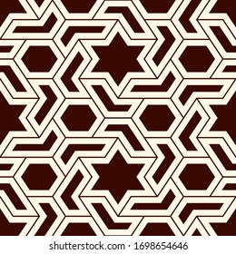 Oriental ancient mosaic seamless pattern. Arabesque ornament. Repeated geometric figures, hexagon, star motif surface print. Ornamental wallpaper. Geo design digital paper. Vector abstract background