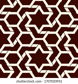 Oriental ancient mosaic seamless pattern. Arabesque ornament. Repeated geometric figures, hexagon, star motif surface print. Ornamental wallpaper. Geo design digital paper. Vector abstract background