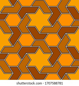Diseño antiguo de mosaico oriental sin fisuras. Ornamento árabe. Cifras geométricas repetidas, hexágono, estelar de la superficie. Papel pintado ornamental. Diseño geográfico de papel digital. Fondo abstracto del vector