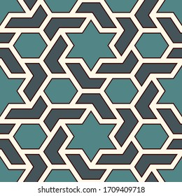 Oriental ancient mosaic seamless pattern. Ethnic ornament. Repeated geometric figures, hexagons, stars motif surface print. Ornamental wallpaper. Geo design digital paper. Vector abstract background